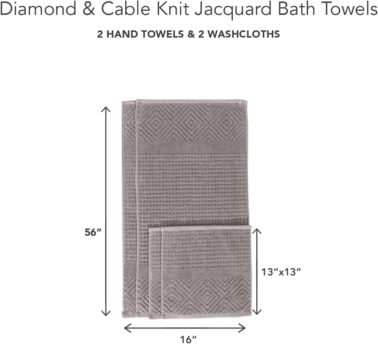Texere 100% Organic Cotton Diamond Jacquard 700 GSM Luxury Bath Towel Sets - Ultra Soft and Absorbent Hotel and Spa Quality (Diamond, Cathedral Gray, 2 Hand & 2 Face Towels)