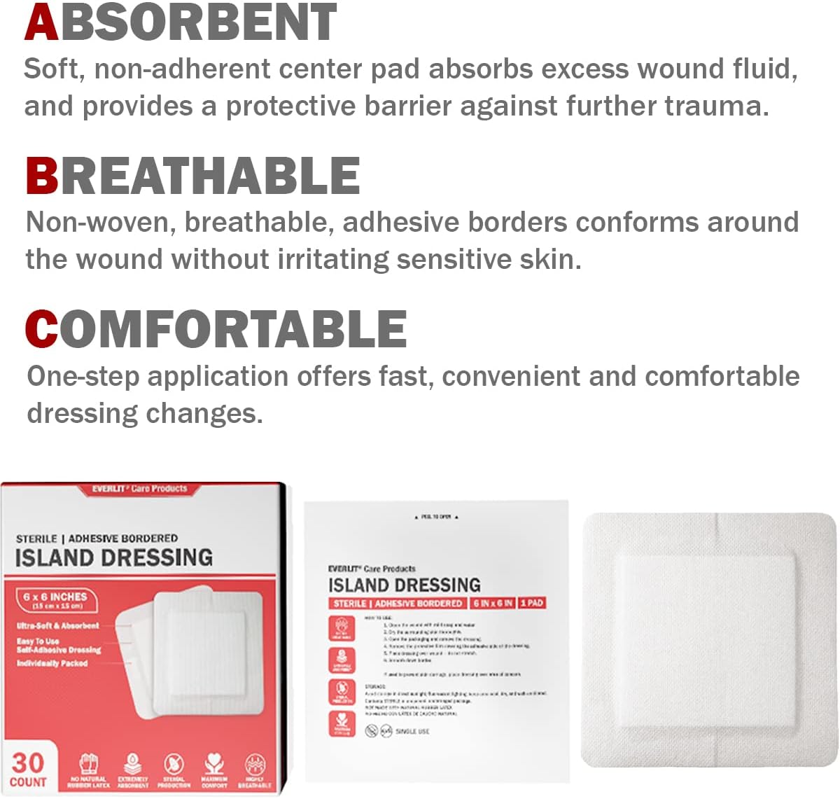EVERLIT Island Dressing Bordered Gauze | Large Wound Care Bandage with Adhesive Border| Sterile, Soft & Highly Absorbent Medical Grade Dressing Pad (6x6 Inch (Pack of 30))