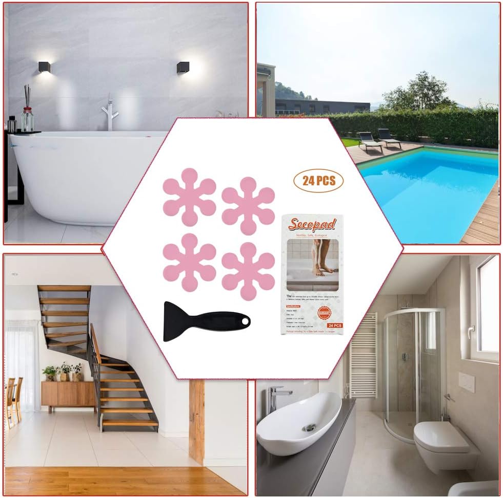 Bathtub Stickers Non-Slip, 24 PCS Safety Shower Treads Adhesive Appliques with Premium Scraper (Pink)