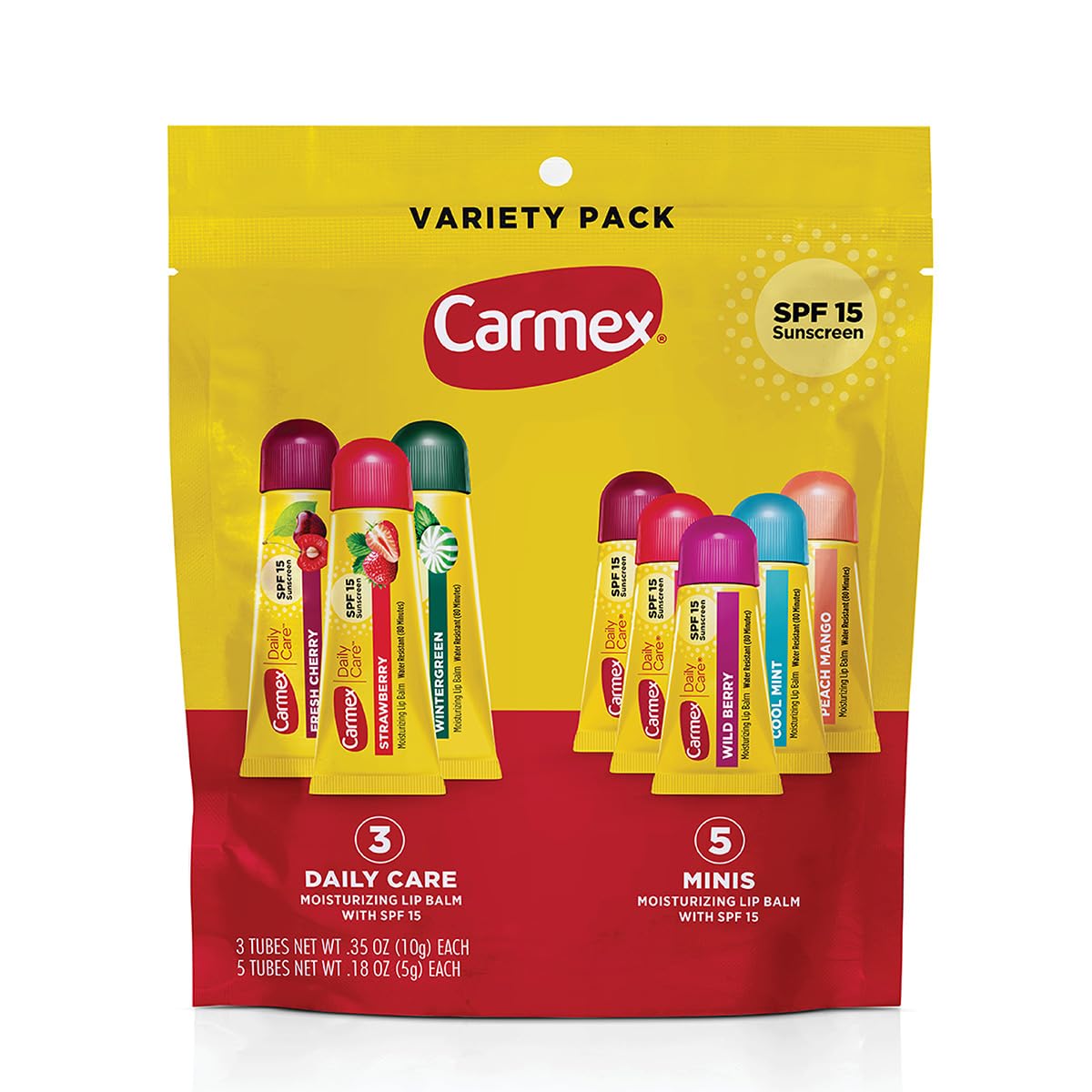 Carmex Daily Care and Daily Care Minis Moisturizing Lip Balm Pack, SPF 15, Multi-Flavor Lip Care Variety Pack Bag, 8 Count (3 Tubes, 5 Mini Tubes)