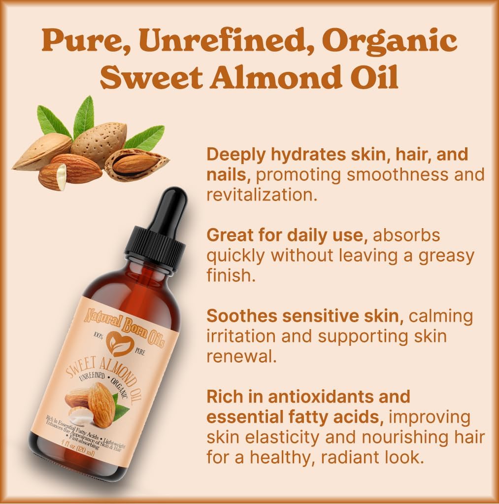 Sweet Almond Oil, 1 Gallon, Organic, Cold-Pressed, Nutrient-Rich, Excellent for Soft Skin, Lustrous Hair. Natural Born Oils.