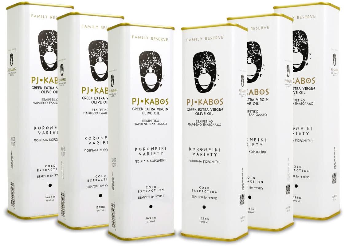 P.J. KABOS 2024/25 Harvest, High Phenolic (450+mg/kg), Premium Greek Extra Virgin Olive Oil, Kosher, Greece, Cold Extracted, 6 x 16.9 oz Tin, Koroneiki, "Family Reserve - Medium"