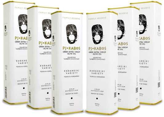 P.J. KABOS 2024/25 Harvest, High Phenolic (450+mg/kg), Premium Greek Extra Virgin Olive Oil, Kosher, Greece, Cold Extracted, 6 x 16.9 oz Tin, Koroneiki, "Family Reserve - Medium"