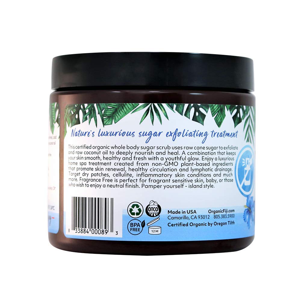 Organic Fiji Whole Body Scrub - Infused with Coconut Oil, Exfoliating Sugar Scrub for Smooth and Soft Skin, Exfoliates & Restores Skin's Natural Biosphere, Fragrance Free 20 oz