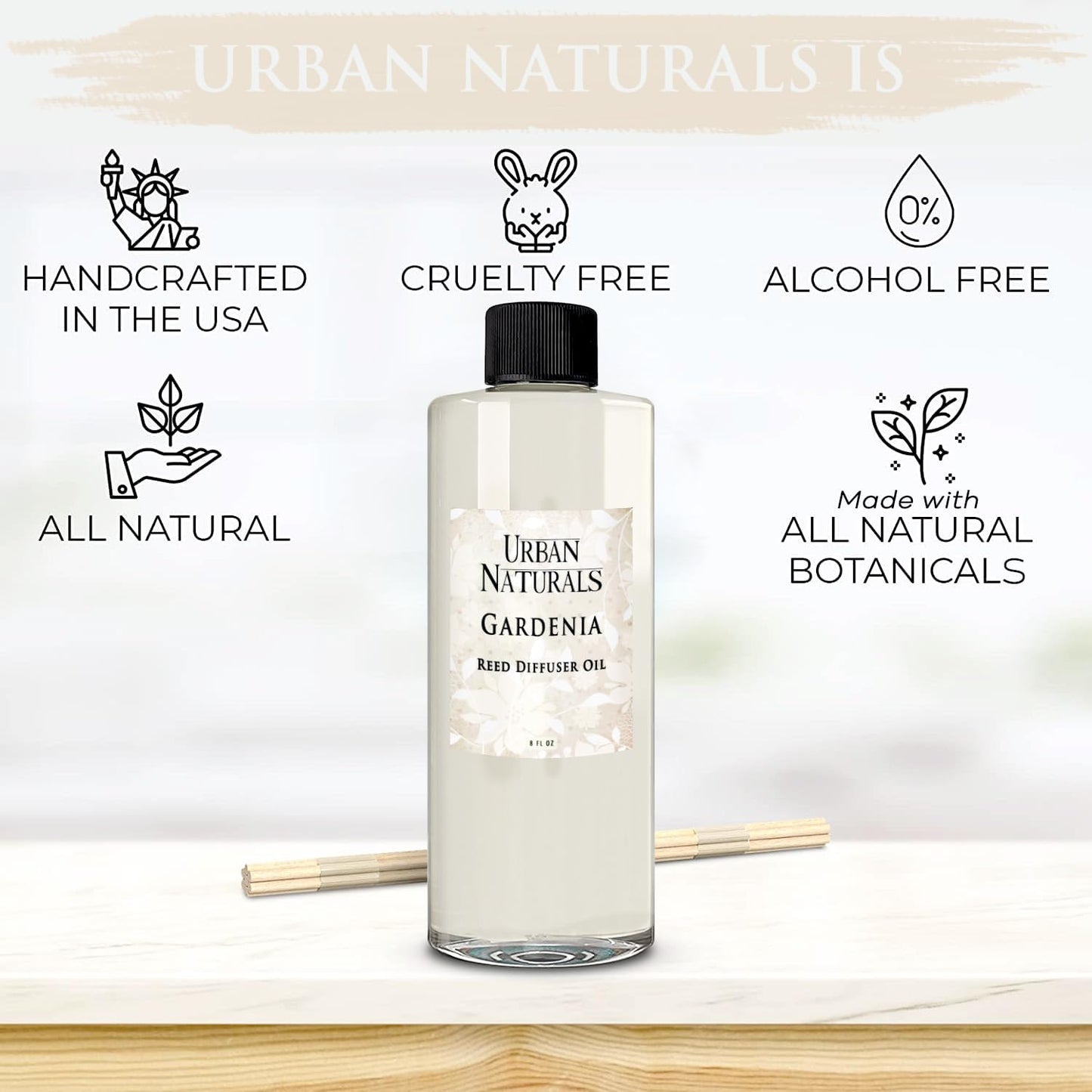 Urban Naturals Reed Diffuser Oil Refill Gardenia with Jasmine, Ylang Ylang, Tuberose, Amber 8 oz + Free Reed Sticks, Made in The USA