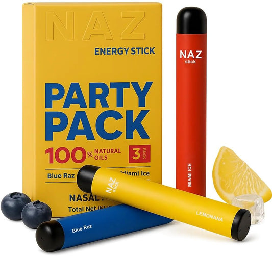 Naz Electric Nasal Stick - Portable Essential Oil Vapor Inhaler for Aromatherapy, Cool & Refreshing, Simple Ingredients | Non-Medicated Nasal Inhaler with Blue Raz, Lemonana, Miami Ice, 3-Pack