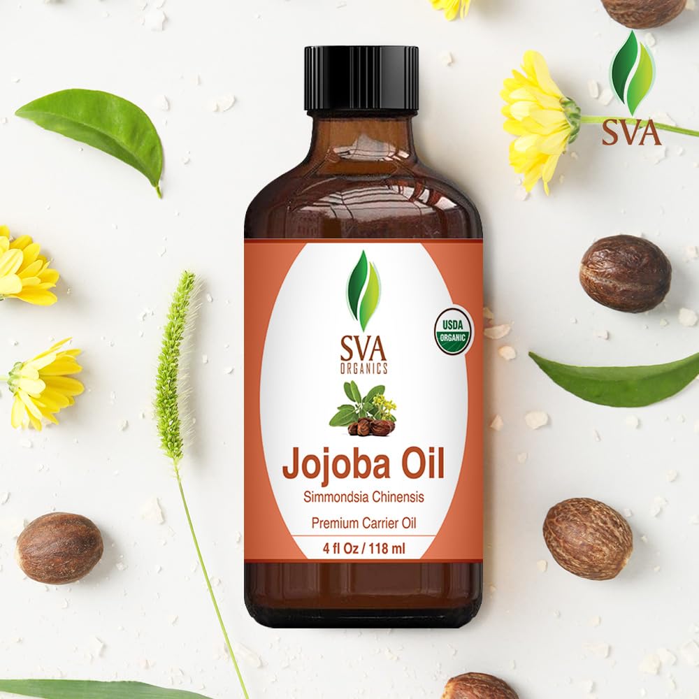 SVA Jojoba Seed Oil Organic - 4 Fl Oz – 100% Natural Cold Pressed Organic Jojoba Oil - for Face, Skin Care, Hair Care, Scalp Massage & Body Massage – Carrier Oil with Dropper