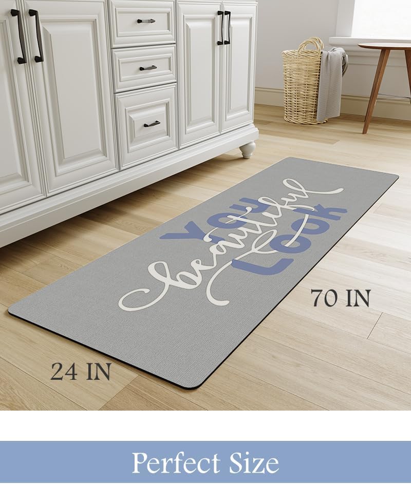 MontVoo-Bath Mat Rug Long Non Slip Super Absorbent Bathroom Runner Stain Resistant Quick Dry Thin Bathroom Mat Fit Under Door-17"x70",Blue-Look