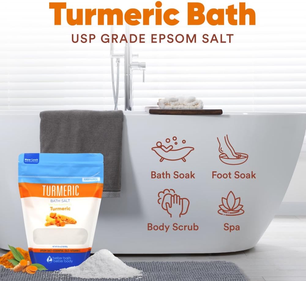 Turmeric Bath Salt 32 Oz Epsom Salt with Essential Oils Turmeric, Cinnamon, Orange Plus Vitamin C in BPA-Free Pouch with Easy Press-Lock Zipper | Natural Bath Soak to Relieve & Soothe | Made in USA