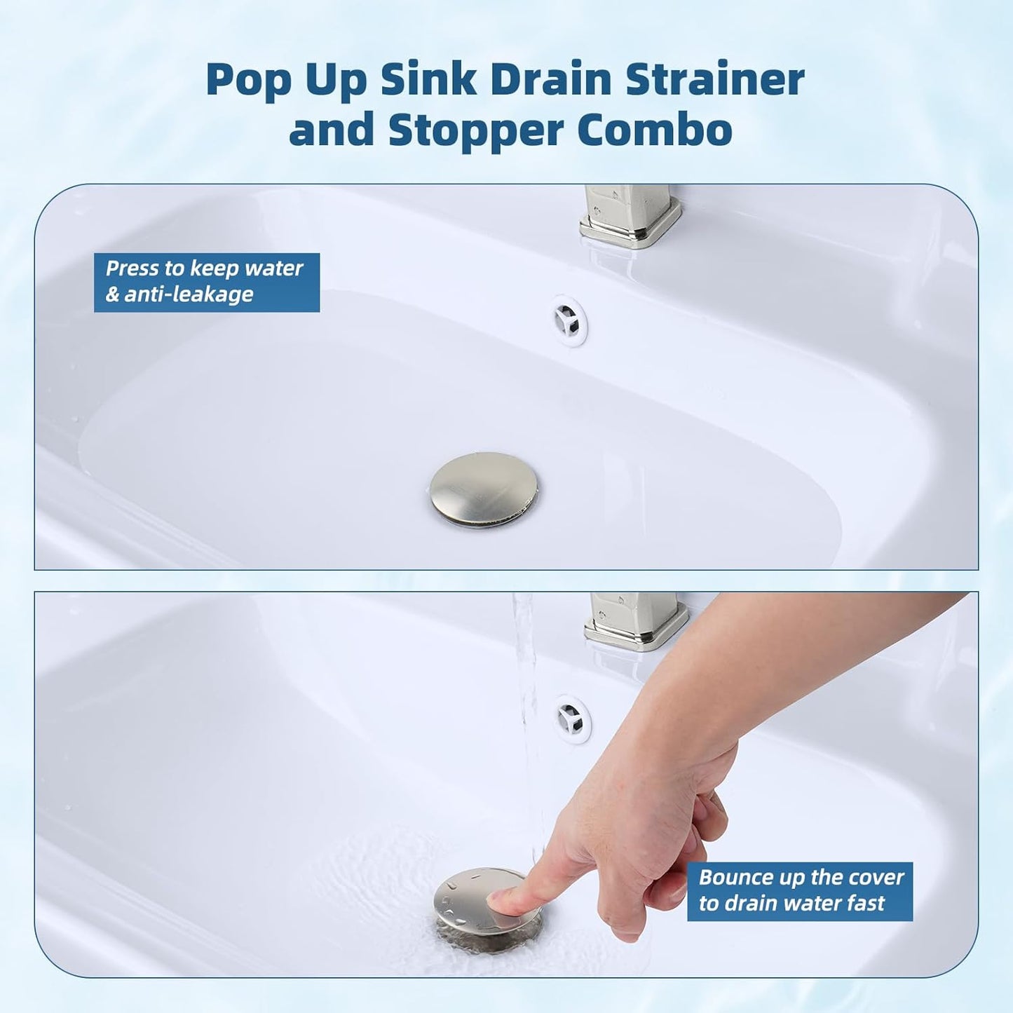 Hibbent 2 Pack Upgraded 3 in 1 Bathroom Sink Drain Strainer, Pop Up Sink Stopper with Big Cap, Anti-Clogging Metal Filter Basket,Sink Plug with Hair Catcher for 1.1''~2.36'' Basin, Brushed Nickel