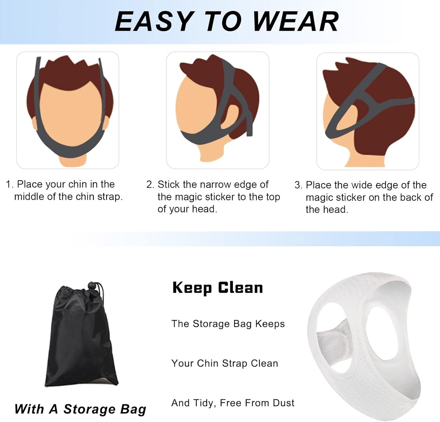 Chin Strap for Cpap Users Anti Snoring Devices - Forzacx Breathable Cpap Chin Strap Snoring Solution, Soft Non-Stick Hair Snore Stopper, Elastic Easy to Wear - White