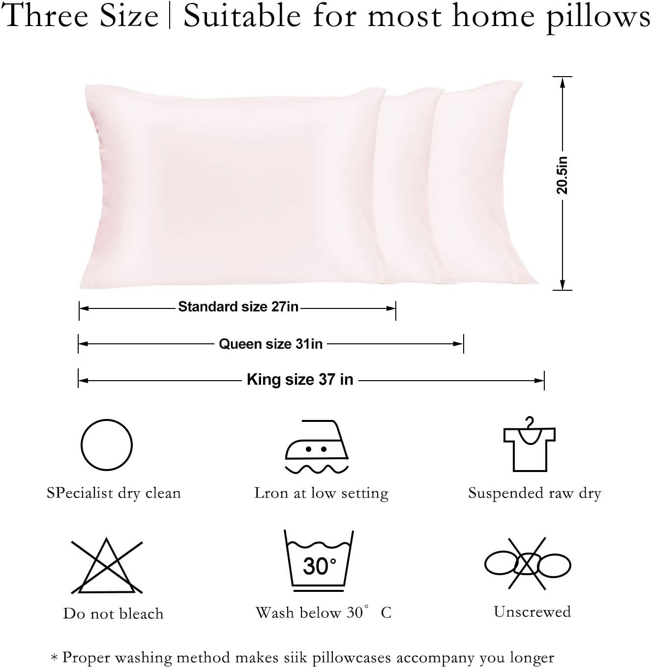 Silk Pillowcase for Hair and Skin 2 Pack 100% Mulberry Silk Bed Pillowcase Hypoallergenic Soft Breathable Both Sides Silk Pillow Case with Hidden Zipper, Pillow Cases (King, Light Pink)