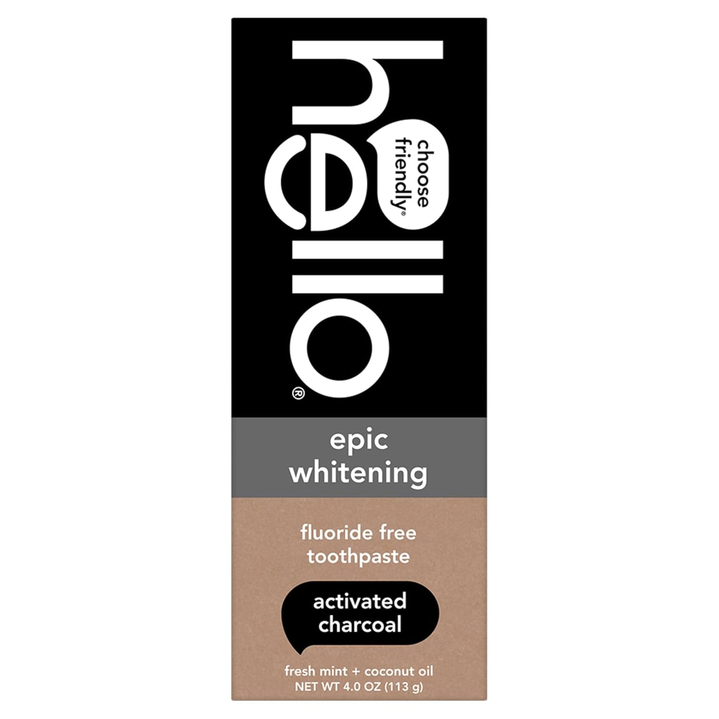 hello Epic Whitening Charcoal Fluoride Free Toothpaste, Activated Charcoal Toothpaste with Coconut Oil, Whitens Teeth Naturally, SLS Free, Fresh Mint, 4.0 Oz Tube