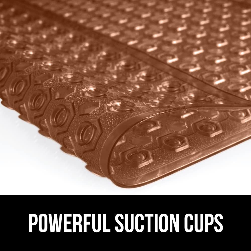 GORILLA GRIP Patented Bath Tub Shower Mat, Machine Washable Bathtub Floor Liner Mats, Suction Cups and Drain Holes to Keep Tubs Clean, Soft on Feet, Bathroom Essentials, 35x16 Inch, Brown