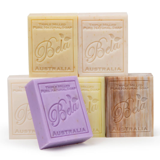 BELA Triple Milled Soap Variety Pack 3.3 OZ Pack of 6, Long Lasting French Triple Milled Bar Soap with Organic Shea Butter, Hand, Face and Body Wash Bar Made in Australia