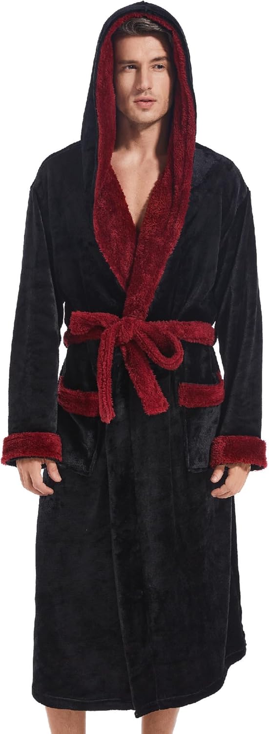 Inner Wish Mens Hooded Robe, Plush Long Bath robes Cozy Warm Bathrobe Fuzzy male Spa Robe With Pockets