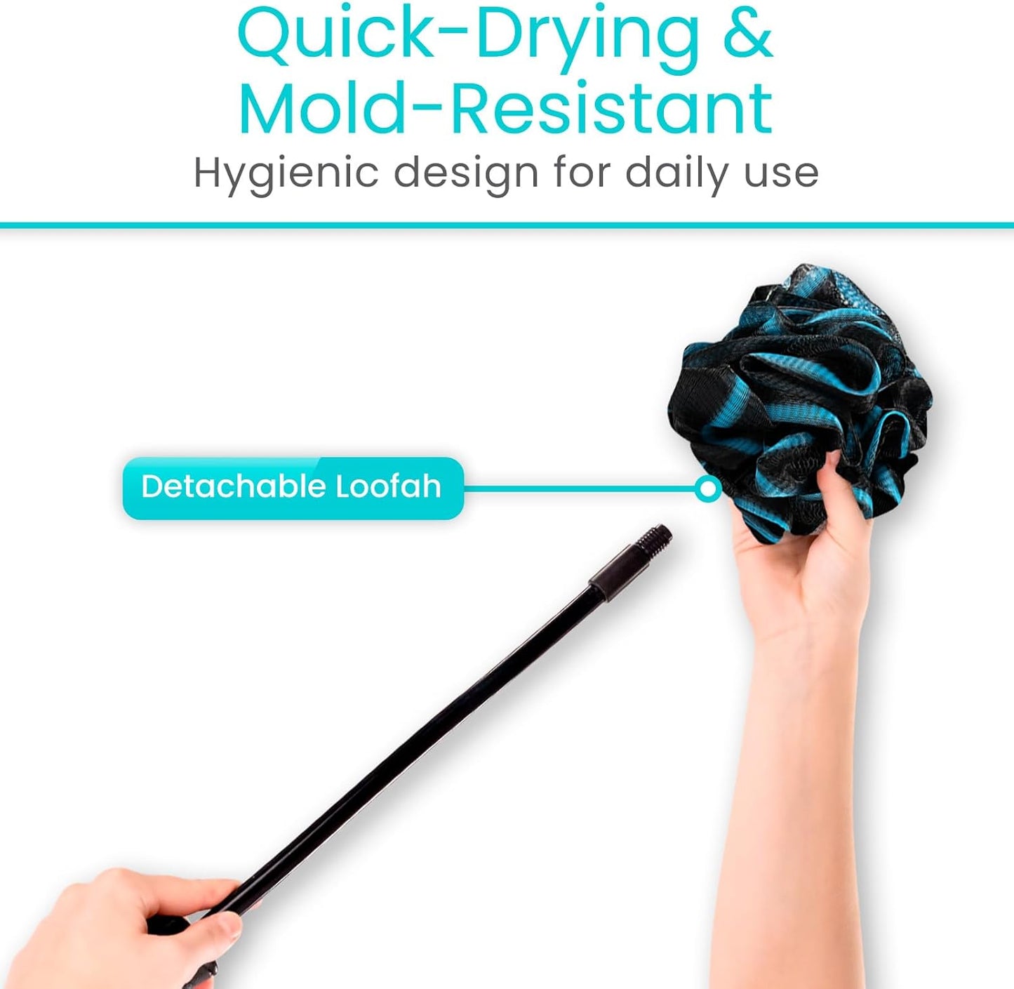 Vive Bendable Loofah on a Stick with Long Handle - Body Exfoliator Luffa & Long Handled Sponge - Back Scrubber & Bath Brush Lufa for Shower, Women, Men, Elderly - Handheld Loofa & Wall Hook Included