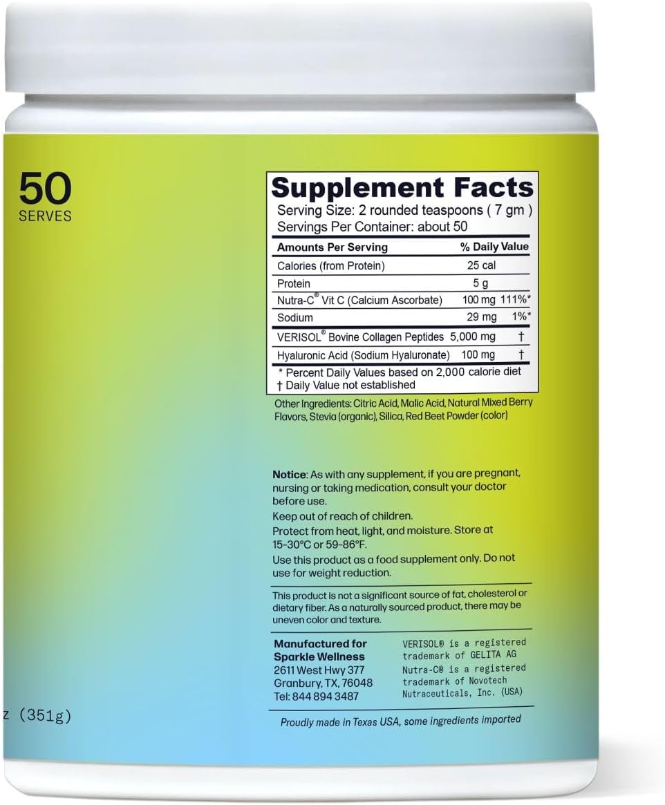 Sparkle Wellness VERISOL Bioactive Hydrolyzed Collagen Peptides | Collagen Powder with Vitamin C & Hyaluronic Acid for Hair, Skin, and Nail Health | Skin Boost Plus (Mixed Berry) [50-Serves]