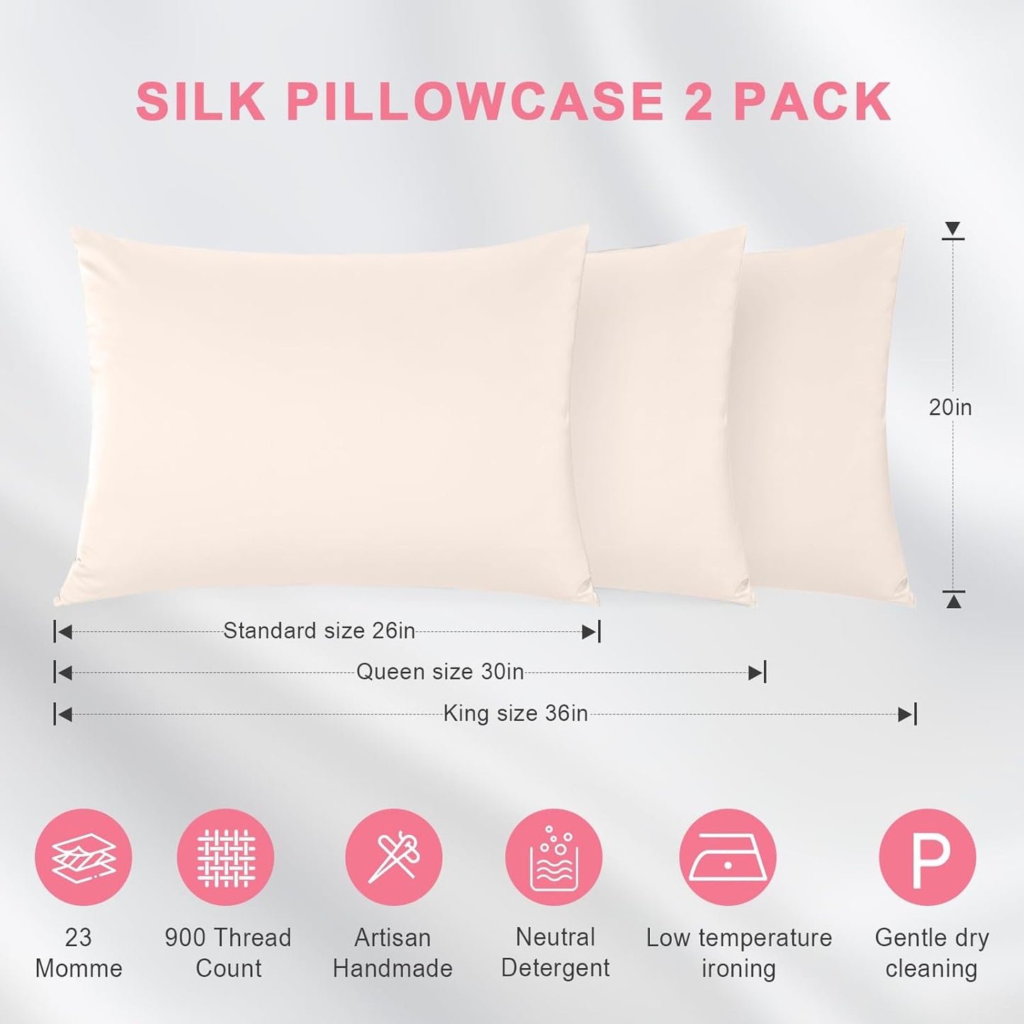 100% Silk Pillowcase 2 Pack for Hair and Skin, Both Sides 23 Momme Grade 6A+ Mulberry Silk Pillowcases with Hidden Zipper, Soft&Smooth Cooling Pillow Cases (Beige, Standard 20×26)