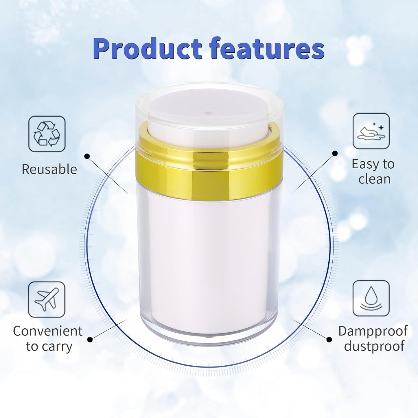 2Pack Airless Pump Jars with Cosmetic Spatula, 3.5 oz Empty Refillable Cosmetic Air Pump Jars Bottles Airless Lotion Cream Dispenser Portable Travel Makeup Containers (Gold)