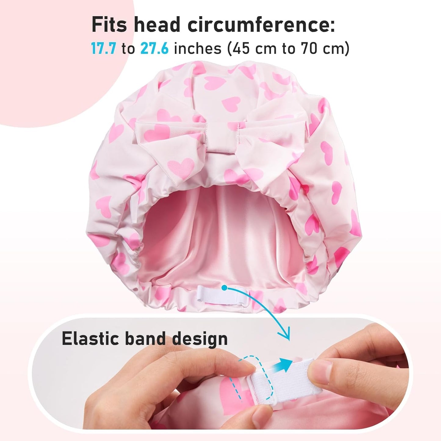 LitBear Luxury Silk Lined Shower Caps for Women Reusable Waterproof, Double Layered Large Bathing Hair Cap with Adjustable Elastic Strap, Non-slip, Quick-dry, for Long Short Hair, Pink Heart