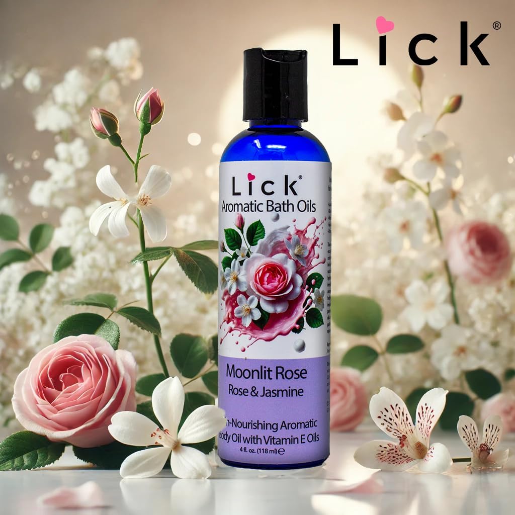 Lick Moonlit Rose Aromatic Bath Oil - Rose and Jasmine. Natural Sweet Almond, Vitamin E & Jojoba Oils a Luxurious Experience for Women. Moisturizes Dry Skin, 12 Enchanting Aromas, Made in USA 4 fl oz