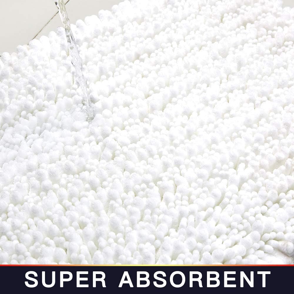 Walensee Large Bathroom Rug Non Slip Bath Mat (24x60 Inch White) Water Absorbent Super Soft Shaggy Chenille Machine Washable Dry Extra Thick Perfect Absorbant Best Plush Carpet for Shower Floor