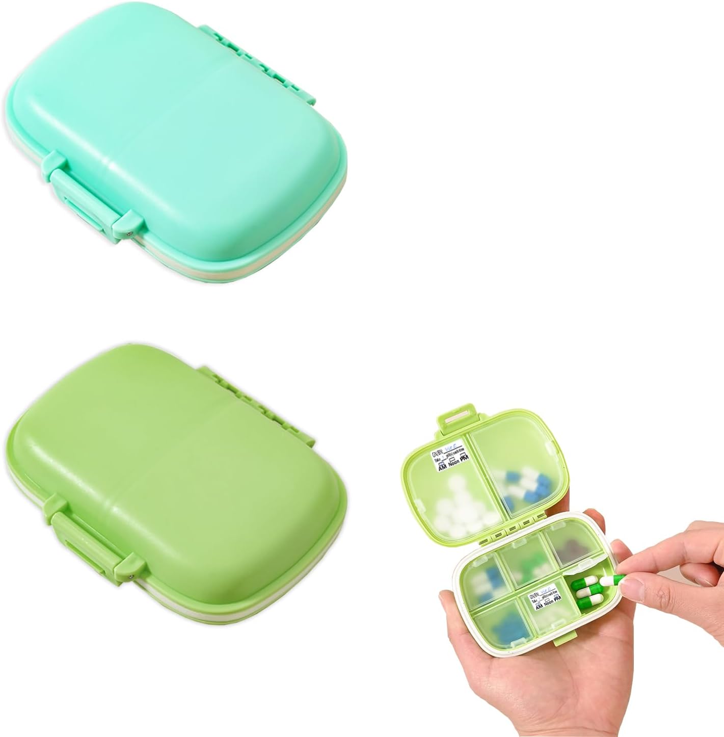 2-Pack 8-Compartment Travel Pill Organizer & Daily Pill Box | Leak-Proof Portable Medicine Container with 81 Replaceable Labels | Compact for Home, Office, Travel (Blue & Green)