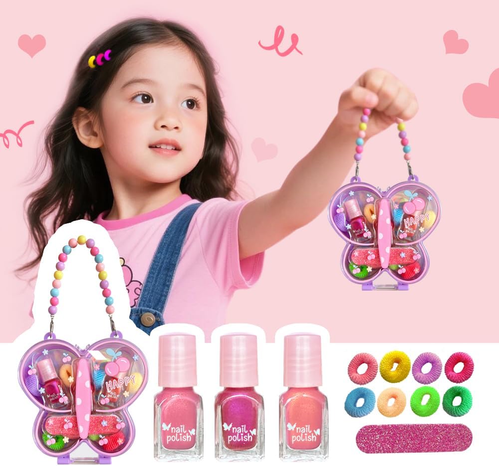 M&U MAKE YOU UP Butterfly Jewelry Case Nail & Hair Set - 3 Quick-Dry Polishes + 5 Fuzzy Elastics | Portable Beaded Clutch for Teens, FashionGift with Floral Charm Party Favors