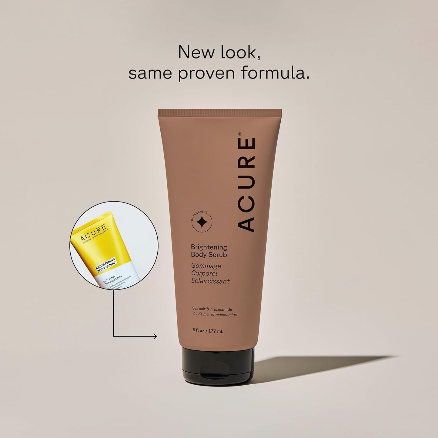 Acure Brightening Body Scrub - Exfoliating Body Scrub with Sea Salt, Scrubber for Men & Women to Smooth Sensitive Skin & Remove Dead Skin Cells, Exfoliator with Clay & Niacinamide Extract - 6 fl oz