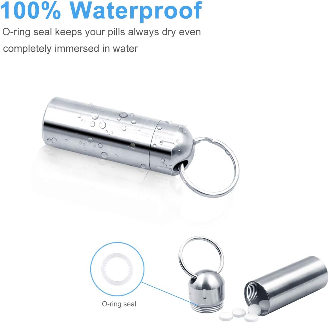 SHD 2 Pack Pill Container Keychain Pill Holder 100% Waterproof Pill Case Single Chamber Stainless Steel Pill Box (Silver)
