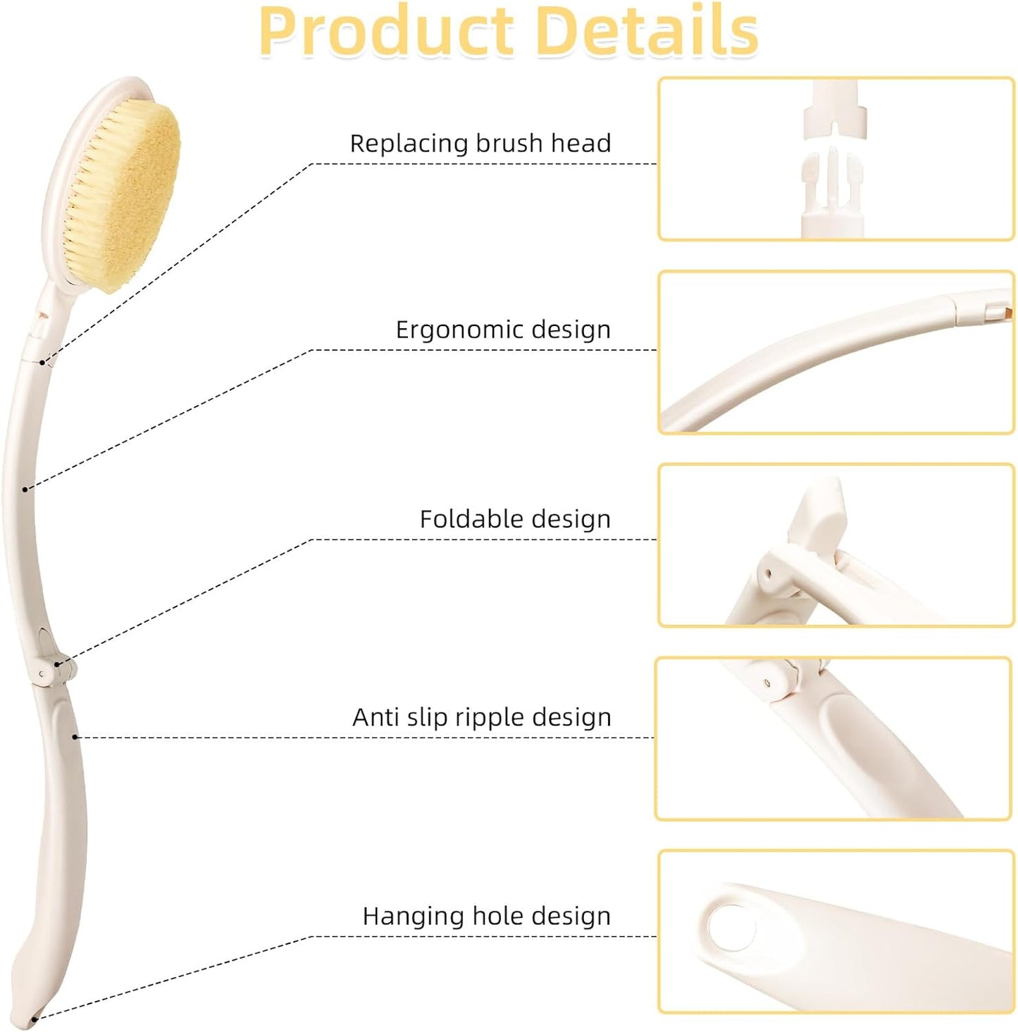 LFJ 19" Long Handle Shower Sponge Brush Set, 3 in 1 Body Brush, Bath Sponge and Lotion Applicator Improved Skin Health, Suitable for Men and Women (White Brush-1P)