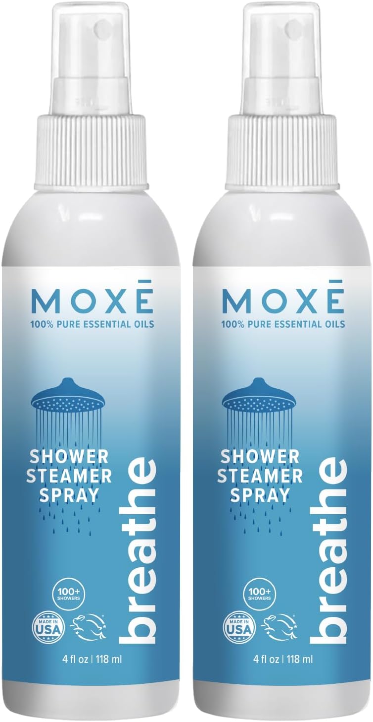 MOXE Shower Mist, Spa Steam Spray, Certified Natural Essential Oils, Aromatherapy, Tension Relief (Breathe, 4 Fl Oz (Pack of 2))