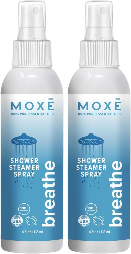 MOXE Shower Mist, Spa Steam Spray, Certified Natural Essential Oils, Aromatherapy, Tension Relief (Breathe, 4 Fl Oz (Pack of 2))