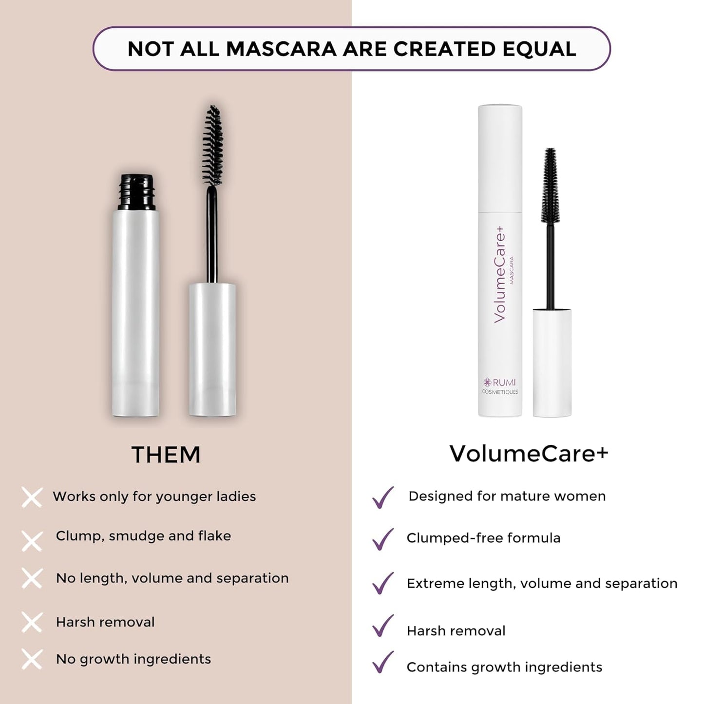 VolumeCare+ Mascara For Older Women - Extreme Length and Volume 2-in-1 Formula - No Clumps, Long-Wearing, Hypoallergenic Mascara For Sensitive Eyes (Natural Black)