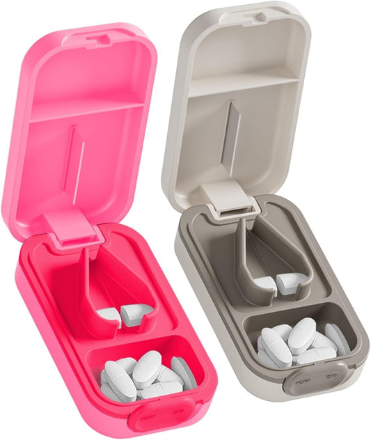 Pill Cutter Splitter for Small or Large Pills with Safety Lock - Accurate and Easy Travel-Friendly Design for Daily Use (Pink+White)