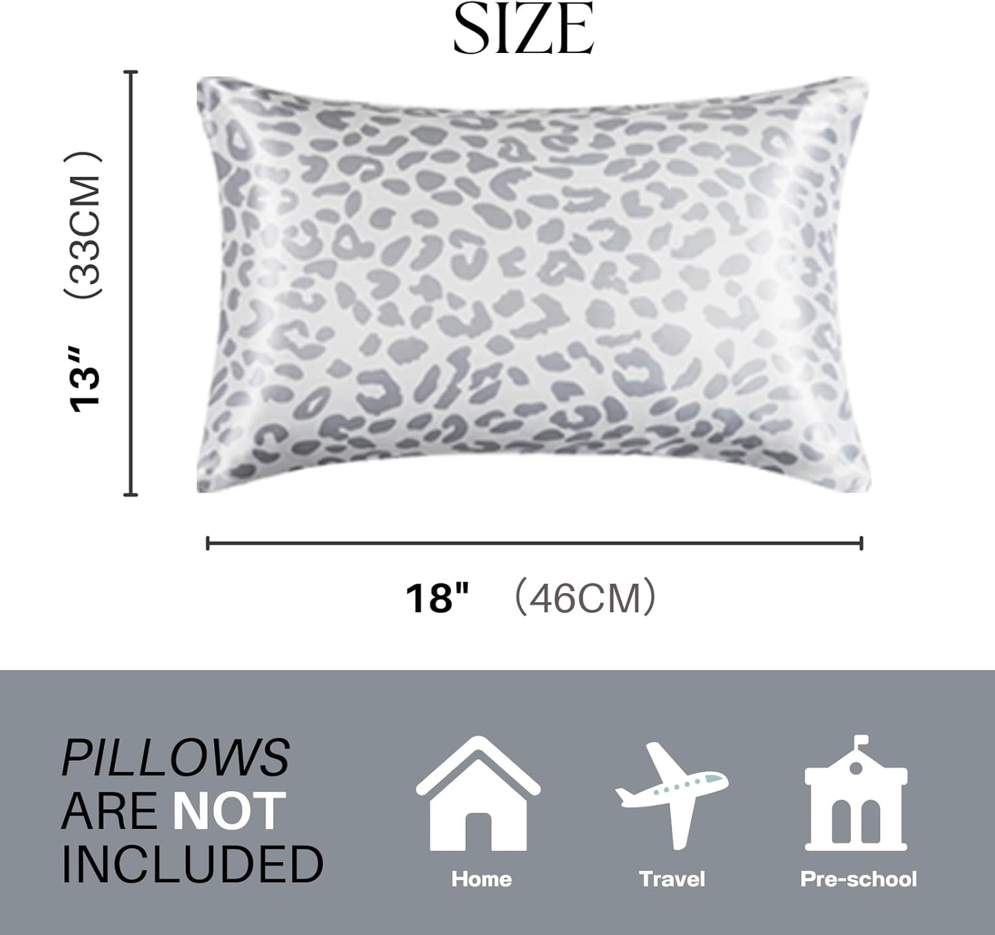 Silky Satin Toddler Pillowcases Pack of 2, 13x18 Inches Grey Leopard Printed Travel Pillowcases with Envelope Closure, Small Kids Pillow Cases Covers