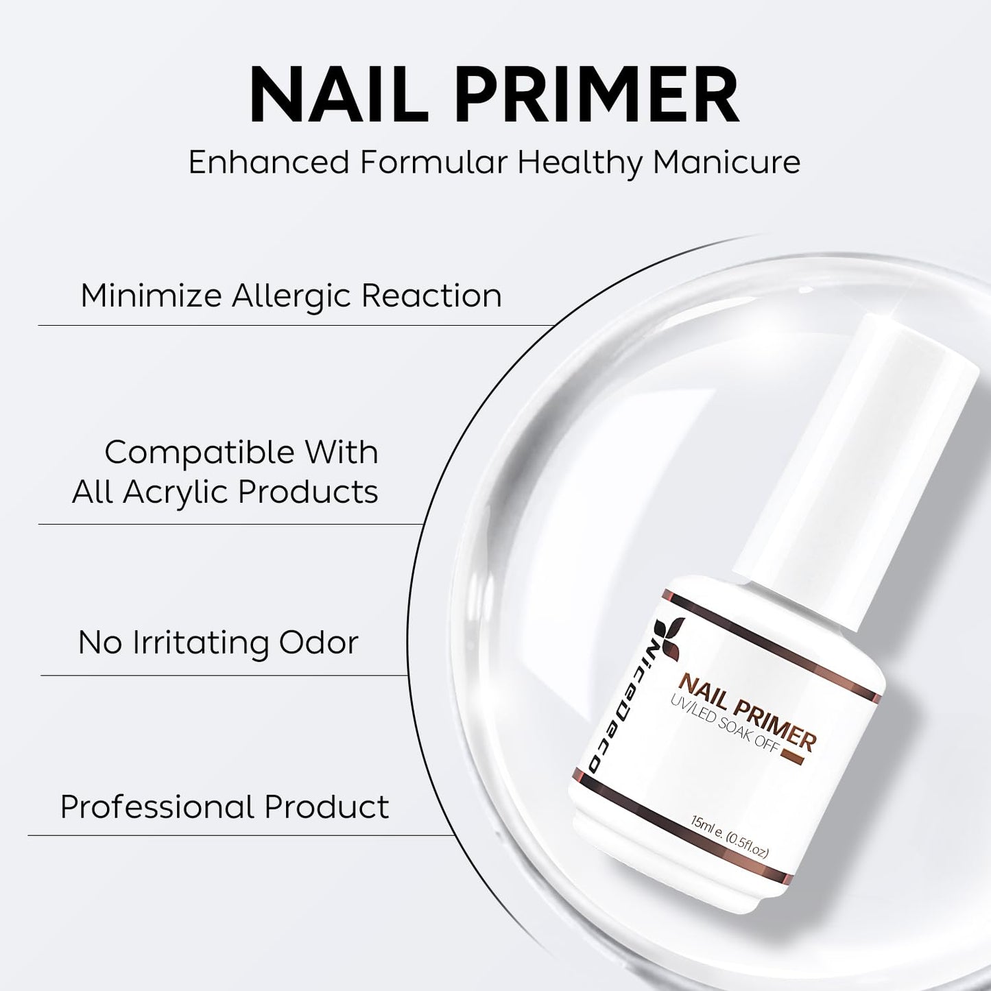 Nicedeco Hema Free Nail Primer Cruelty Free Vegan Nail Bonder, Fast Air Dry, No Lift Prep for Gel and Acrylic Powder, Foundation for Long-lasting Nail Polish