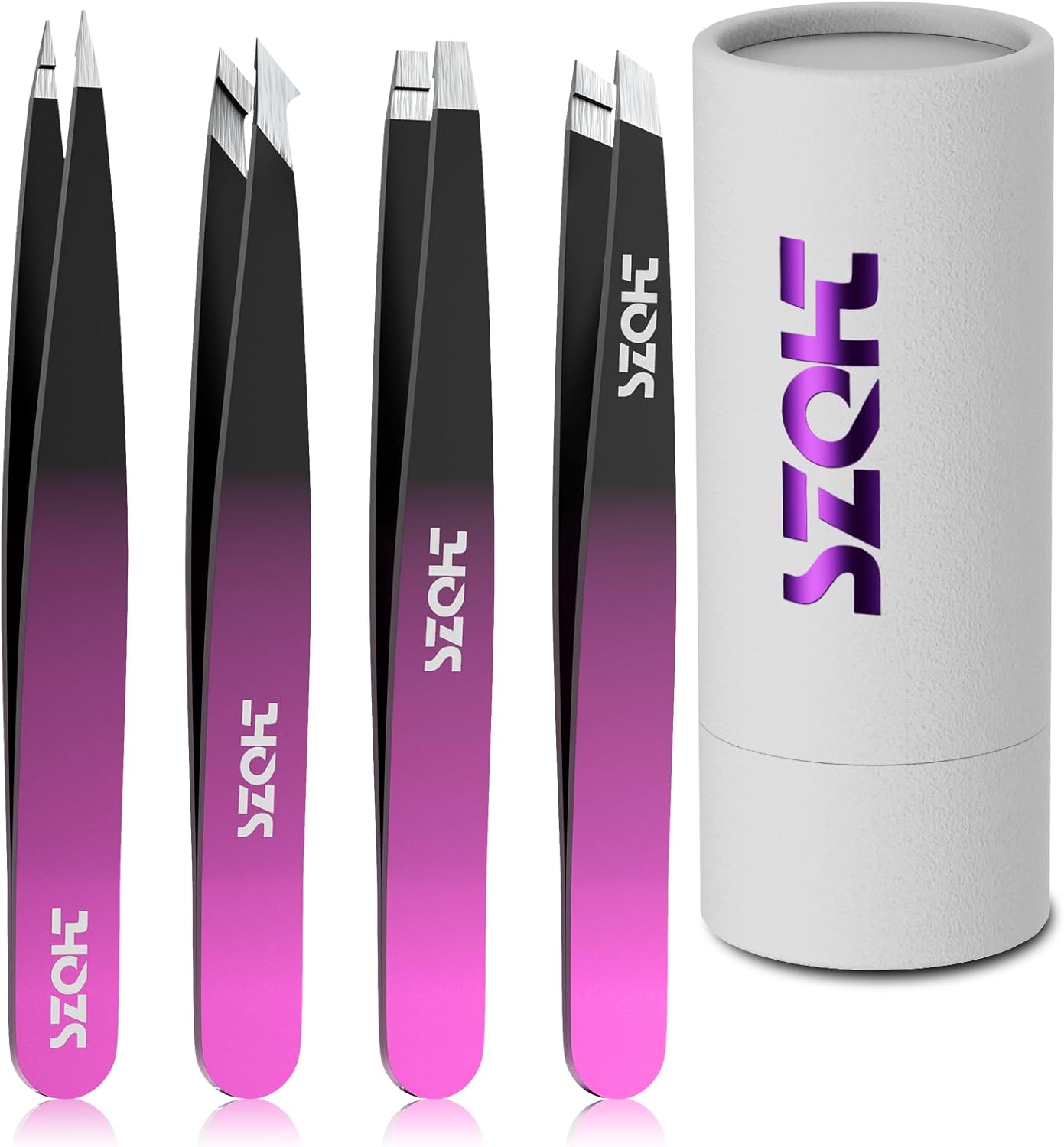 Professional Tweezers Set for Eyebrows – 4PC Precision Stainless Steel Tweezers Kit with Slant, Pointed & Flat Tips – Eyebrow Hair Removal Tool for Women & Men – Eco-Friendly Paper Tube Packaging