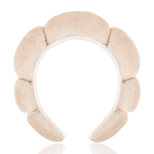 CAVETEE Spa Headband for Washing Face, Sink Care Headband for Women Sponge Bubble Makeup Head band for Women, Soft Velour Hair Accessoriesfor Girls (Beige, one size)