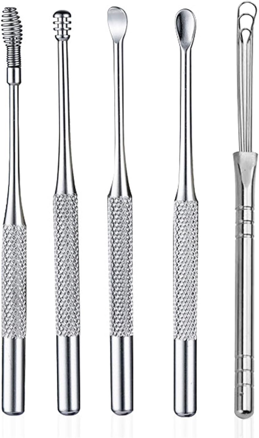 Ear Wax Removal kit, 5 Pcs Stainless Metal Earwax Removal Tool for Adults with Ear Spoon & Spiral Spring, Ear Cleaning Reusable