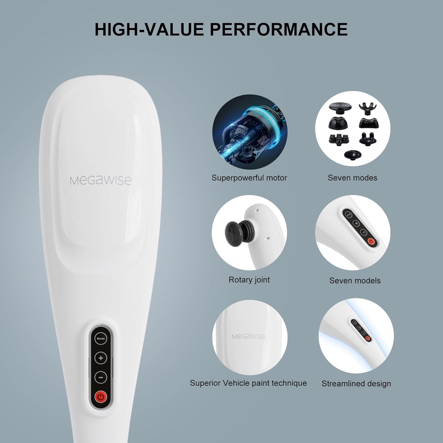 MEGAWISE Cordless Handheld Back Massager w/Rechargeable 3200mAh Battery, 5 Speed and 5 +2 Massage Nodes with Hard, Medium and 2 Soft Silicone Nodes; Massage While Moving Around (Pearl White)