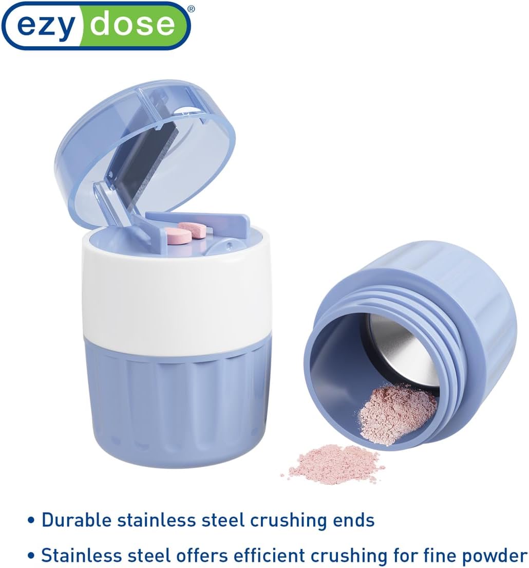 EZY DOSE Pill Crusher and Cutter 3-in-1, Crushes Cuts, and Stores Pills, Vitamins, Tablets, Built-in Storage Compartment, Features Stainless-Steel Blade, Portable and Travel-Friendly, Blue, BPA Free