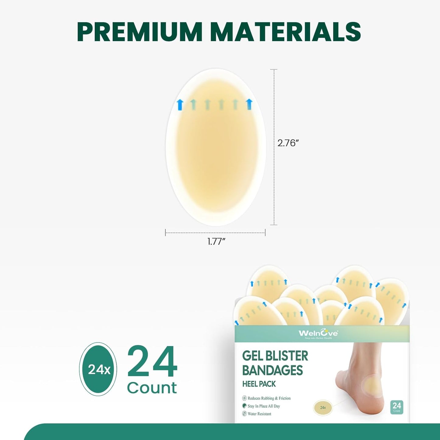 Welnove Gel Blister Bandage - 24 PCS Hydrocolloid Bandages for Prevention & Recovery, Blister Cushions for Heel, Toes & Foot, Blister Bandages for High Heels, Sandals, Wedding, Party (Heel Pack)