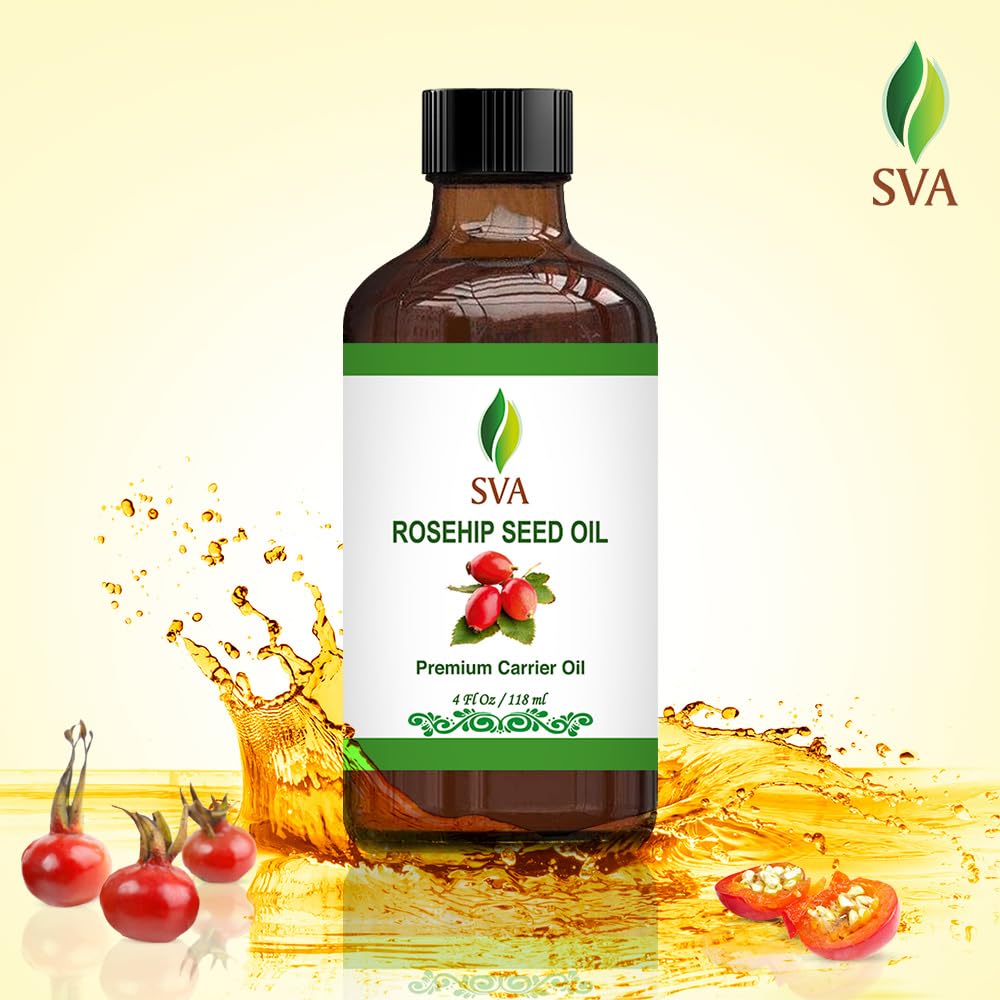 SVA Rosehip Seed Oil - 4 Fl Oz – 100% Natural & Cold Pressed - for Face, Skin Care, Hair Care, Scalp Massage & Body Massage – Carrier Oil with Dropper