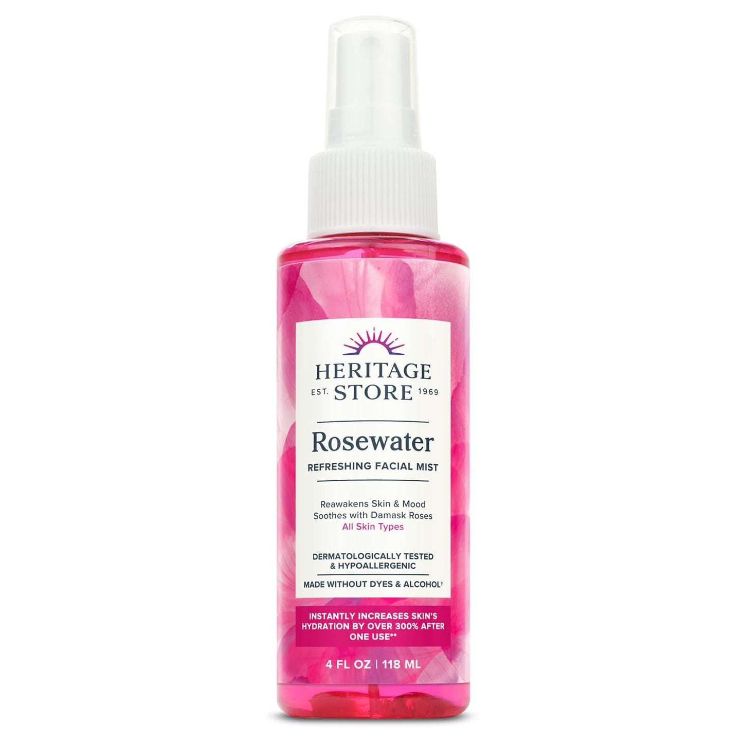 HERITAGE STORE Rosewater - Refreshing Face Mist with Damask Rose, All Skin Types - Hydrating Rose Water Spray for Glowing Skin Care - No Dyes or Alcohol, Hypoallergenic, Vegan, 60-Day Guarantee, 4oz