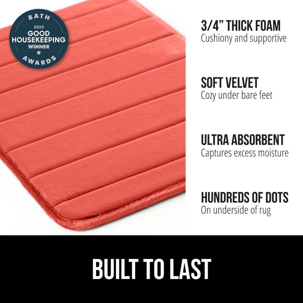 GORILLA GRIP Memory Foam Bath Mat, Soft Absorbent US Designed Bathroom Rug, Gripping Dots Machine Washable Bathmat, Cushioned Floor Mats, Shower Sink Rugs Room Décor Accessories, 30x20 Coral