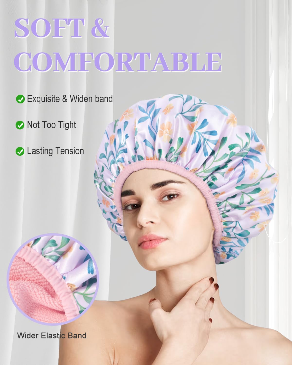 Shower Cap, Terry lined Reusable shower caps, Waterproof Large Shower Cap for Women, Hair cap Triple Layer Shower Caps for Long Thick Hair