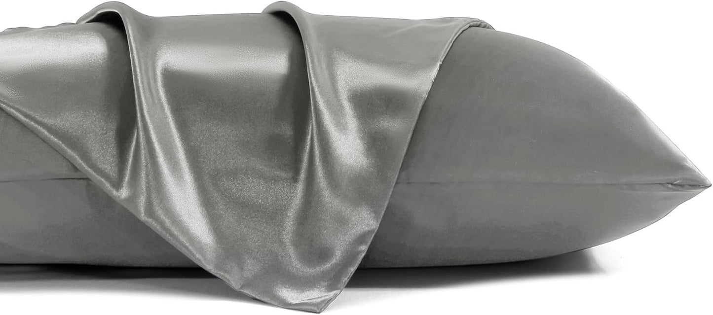 Juwenin Bedding,Luxury Satin Pillowcase with Zipper (Silky Satin Pillow Case for Hair) Set of 2 (Dark Grey, Standard(20''x26''))