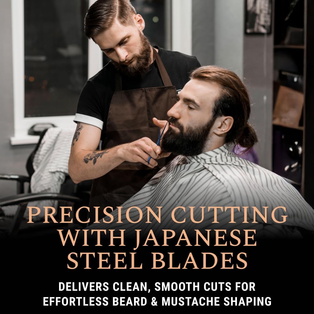 Ontaki Japanese Steel Beard & Hair Scissors - Safe Rounded Tips & Mustache Comb - Ergonomic Grip Beard Scissors for Men - Professional Craftsmanship Barber Shears - Midnight Blue, 5.5"